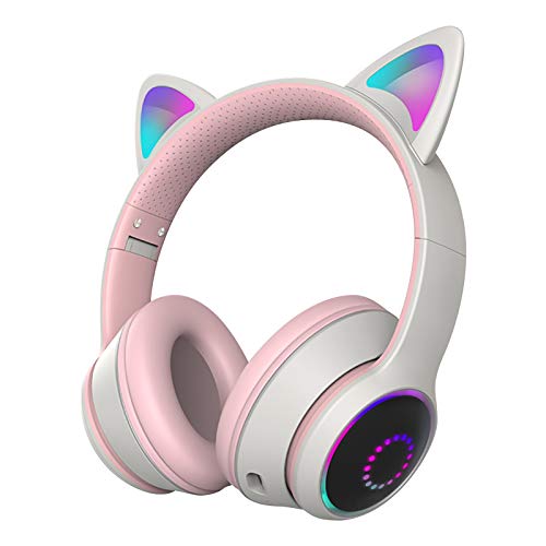 Cat Ear Headphones,Wireless Headphones for Kids,Kawaii LED Light Up Wireless Bluetooth Foldable Headphones Over Ear with Microphone and Volume Control Compatible with Smartphones PC Tablet (Grey)