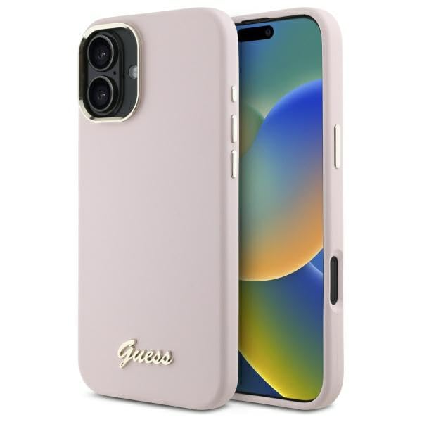 CG Mobile Guess GUHCP16MSMBSLP Coque pour iPhone 16 Plus 6,7" en Silicone Rose Script Metal Logo et Cadre