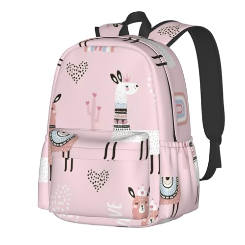 Sac à dos décontracté rose motif lama pour fille et garçon
