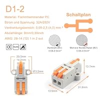 JOYELEC 20 Stück Verbindungsklemmen,D1-2 Schnellanschlussklemme Kabelverbinder,Kompakten Steckklemmen 1 Eingänge/2 Ausgänge, Kabel 0.08-2.5(4.0) mm²,250V,32A Leiter Klemme – Ansicht 2