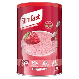 SlimFast Maaltijdvervangende shake Gewichtsverlies & uitgebalanceerd dieet, vitamines en mineralen, caloriearm, eiwitrijk, aardbeiensmaak, 16 porties, 584 g, verpakking kan variëren