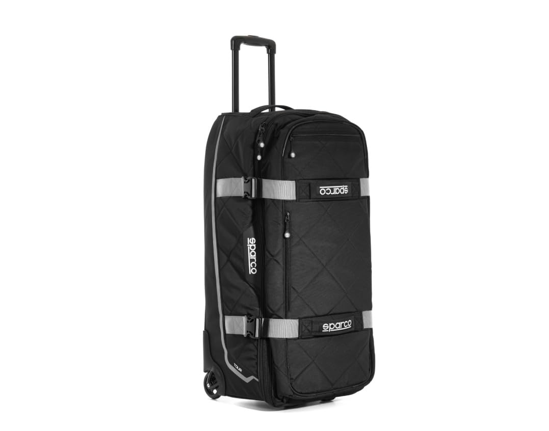 016437NRSI Gear Bag, Tour, 33 in Long x 15 in Wide x 16 in Deep, Roller Wheels, Zipper Closure, Retractable Handle, Sparco Logo, Silver Straps, Polyester, Black, Each
