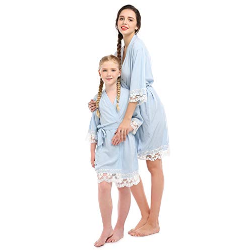 Albornoz de Encaje de algodón para Mujer, Pijama de Seda para Padres e Hijos, Ropa de Familia para bebés y niñas a Juego para Padres e Hijos   Azul    S