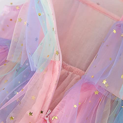 Toddler Girls Fly Sleeve Rainbow Star Sequins Prints Tulle Princess Dress Dance Party Dresses Clothes (Pink, 3-4 Years)4