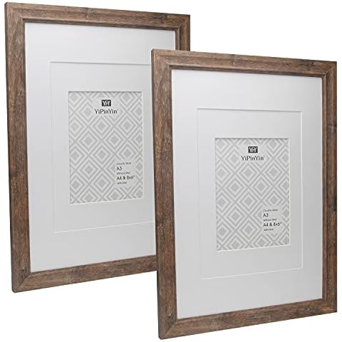 YiPinYin A3 Brown Wood Rustic Photo Frames Set of 2 With Double Mounts for A4 & A5( 8x6,A4 wooden Rustic Picture frames 2 Pack, A4,A5 Rustic wood Picture frames For Wallmounted Cover