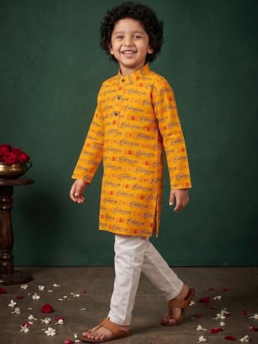 Image of AJ DEZINES Boys Cotton Full Sleeve Letter Printed Kurta Pajama Set for Kids - Ethnic wear | Special Occasion & Traditional Outfit |Boys Kurta Set - Regular Fit
