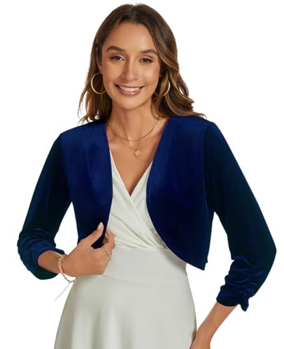 Image of Womens Velvet Bolero Shrug Elegant Open Front Ruched 3 /4 Sleeve Cocktail Party Cropped Cardigan