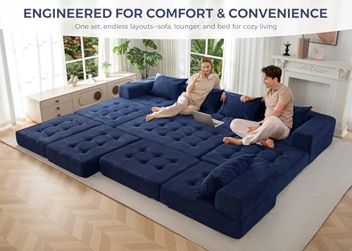 Image of MAXYOYO Modular Sectional Sofa Couch, Foldable U Shaped Cloud Couch with Pillows, Tufted 6-Seat Boneless Lounger Floor Sofa Bed for Living Room, No Assembly Required, Navy