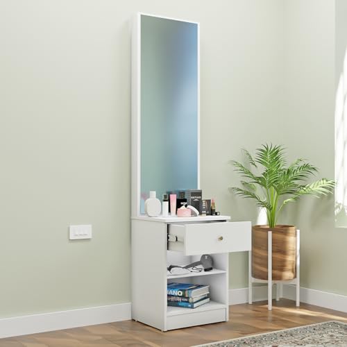 Image of VIKI | Engineered Wood Dressing Table with 1 Drawer, Mirror and Huge Storage Space | Vanity for Living Room, Bedroom (Frosty White - 43.8W x 40D x 182.6H cms)