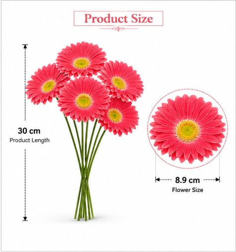 Image of CURATED CART Gerbera Daisy Flowers - Pack of 5 Pink Faux Blooms, 30cm Tall | Real Touch PU Petals with Bendable Green Stems | Artificial Flower Bouquet for Home, Kitchen, Office (Pink) (No Vase)