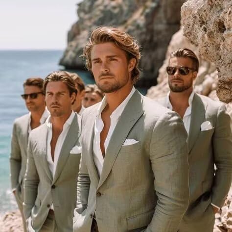 Men's Linen Suit 2 Piece Slim Fit Beach Wedding Groomsmen Suits Lightweight Two Button Casual Blazer Pant Set3