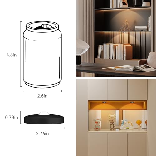 Image of Yiliaw Rechargeable Puck Lights with Remote, Magnetic Under Cabinet Lighting, 1500mAh Battery Operated LED Lights for Kitchen, Closet, Shelf - 3 Color Temps, Black, 6 Pack