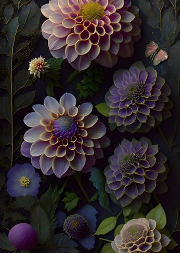 Poster Dahlias et minuscules mites design sombre élégant toile 58x90 cm