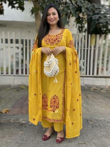 Image of GoSriKi Kurta Sets for Women Viscose Embroidered | Kurta Pant Dupatta Set | Straight Kurti Set for Women | Round Neck 3 /4 Sleeve Ethnic Suit | Designer Indian Kurti Outfit with Pants