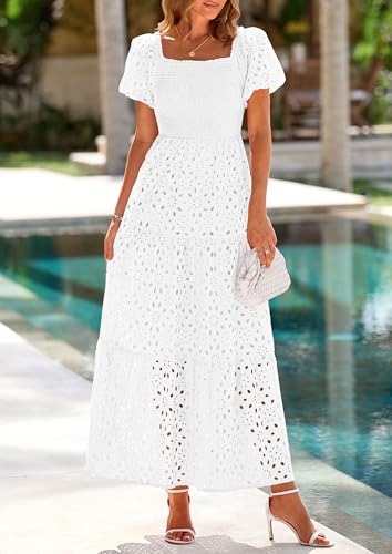 Image of PRETTYGARDEN Summer Dresses for Women 2026 Eyelet Square Neck Puff Sleeve Smocked Wedding Guest Maxi Dress with Pockets