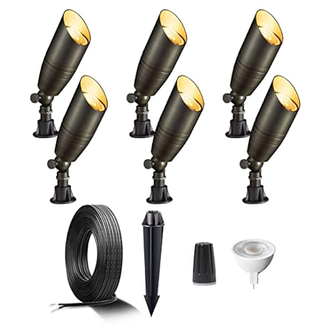 Landscape Spotlights Low Voltage - Brass 12V Outdoor Uplight LED, Wired Spot Lights IP65 Waterproof, Black for Exterior Garden Yard Tree House with 5W 2700K Warm White MR16 Bulb