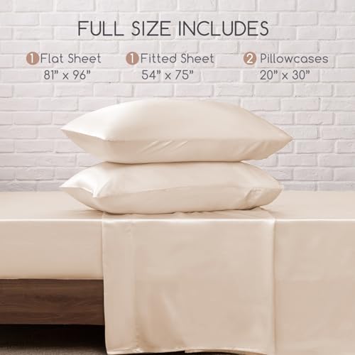 Image of MR&HM Satin Bed Sheets, Full Size Sheets Set, 4 Pcs Silky Bedding Set with 15 Inches Deep Pocket for Mattress (Full, Beige)