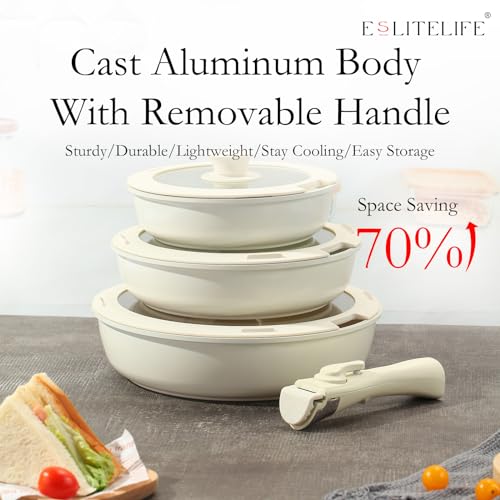 ESLITE LIFE Nonstick Frying Pan Skillet Set with Lids & Detachable Handle, Healthy Granite Coating Egg Omelette Pan Stone Cookware Chef's Pan, PFOA Free(Cream, 7-Piece) - Image 6