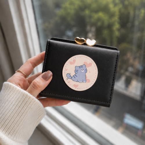 Image of Valerie Cute Small Wallets Clutch for Teen Girl Women PU Leather Trifold Small Wallet Cash Pocket 3D Buckle Card Holder Coin Purse with ID Window for Girls Women (Black Cat)