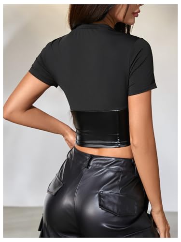 MakeMeChic Women's PU Leather Crop Top Short Sleeve Mock Neck Slim Fitted Y2k Party Going Out Tops2
