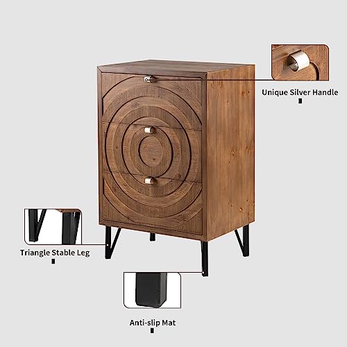 Image of HOMPUS 3 Drawer End Table, Modern Nightstand with Concentric Circles Pattern, Farmhouse Night Stand with 3 Storage Drawers, Wooden Bedside Table, Nightstand w 3 Drawers for Sunroom, Apartment