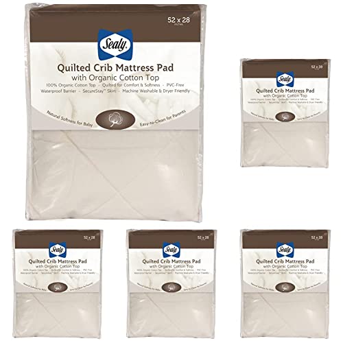 Image of Sealy Quilted Organic Cotton Top Waterproof Toddler and Baby Crib Mattress Pad Cover Protector - 52 inch x 28 inch - Cream (Pack of 5)