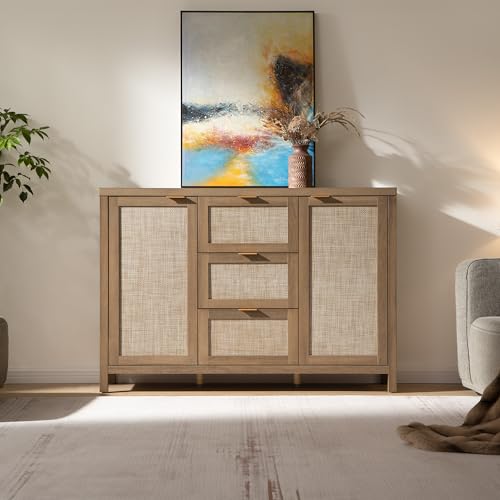 Image of SICOTAS 52 Inch Rattan Sideboard Buffet Coffee Bar Cabinet with 3 Drawers | Farmhouse Boho Credenza Storage Cabinet with Large Storage, Console Table for Living Room, Kitchen, Entryway