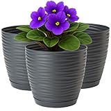 Home Garden Ornaments Pflanzentopf für Zimmerpflanzen – 3er Set Blumentöpfe aus Kunststoff mit Wellenstruktur, Drainagelöchern & integriertem Untersetzer,für Innen & Außenbereich (15 cm, anthrazit)