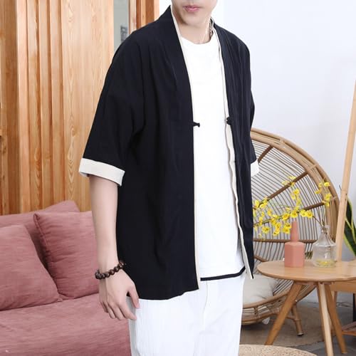 Men's Cotton Linen Cardigan Jackets Casual Lightweight 3/4 Sleeve T Shirt Kimono Shirt4