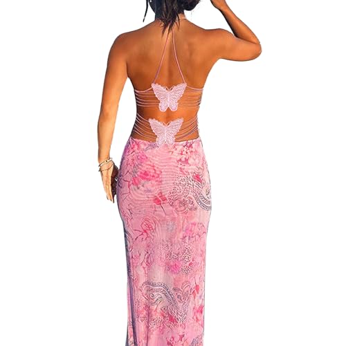 Women Backless Butterfly Dress Sexy V Neck Sleeveless Open Back Maxi Dress Party Cocktail Bodycon Long Dress