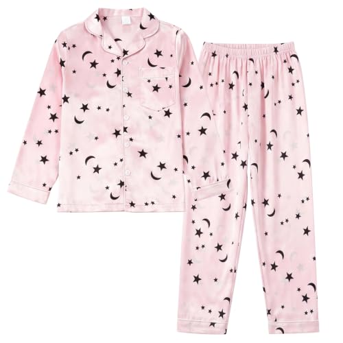 JinBei Conjunto de Pijamas Niña Manga Larga Satén 2 Piezas, 9-10 Años, Rosa