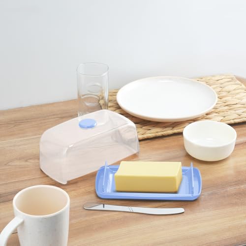 Image of Nayasa Smart Transparent Butter Dish with Lid & Butter Knife | BPA-Free Food Grade Plastic Butter Storage Container | Easy to Clean Butter Keeper for Butter, Cheese & Table Serving | Blue