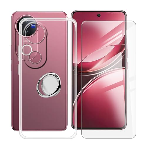 HGJTFANY Phone Case for Vivo V50 V2427 (6.77") + 1 Pack Screen Protector, with 360° Phone Ring Holder, Ultra Thin Soft TPU Clear Shell Shockproof Silicone Cover for Vivo V50 V2427