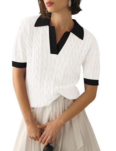 Image of Micoson Womens Short Sleeve Sweater Tops Lapel V Neck Polo Shirts 2026 Summer Cable Knit Loose Blouse Business Casual Outfits