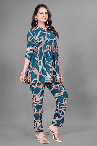 Image of Women Crepe 3 /4 Sleeves V Neck Cord Set Featuring Floral Pattern Design 2 Piece Ethnic Wear Set