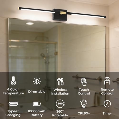 Image of Battery Operated Wall Sconce, 10000mAh 4CCT Dimmable, Black 1pc | Rechargeable wall lights with remote & touch control, 360rotate timer 31.5 inch, for bedroom living room hallway decoration