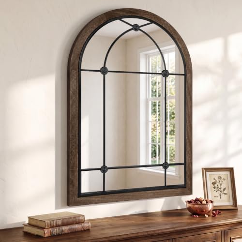 Wemily 36x24 Inch Arched Window Pane Mirror, Wood Frame Farmhouse Mirror
