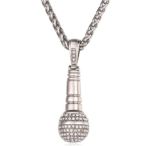 U7 Hip Hop Music Jewelry Stainless Steel CZ Microphone Pendant Necklace 22 Inch