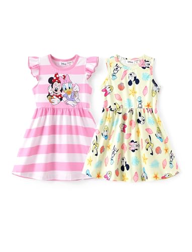 Disney Minnie Mouse & Daisy Duck Toddler Girl Dresses 2 Pack Pink Ruffle Sleeve Stripe & Yellow Sleeveless Sundress Set Birthday Summer Clothes 4-5T