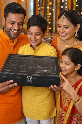 Image of Sukeshcraft 6 Slot Watch Organizer Case with Lock - Premium Black PU Leather Watch Box for Men - Sunglass Storage Compartment (Black Pu - Black Velvet)
