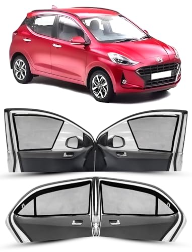 Image of Autofact Magnetic Car Sunshades Compatible with Hyundai Grand I10 Old (2013 to 2019) (Set of 4) - Easy Installation, UV Protection (Front 2 Half-Cut for Side Mirror Visibility, Rear 2 with Zippers)