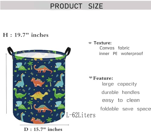 Image of Dinosaur Kids Laundry Hamper Clothes Gift Basket Storage Laundry Baskets Organizer Bin with Handles for Nursery Room
