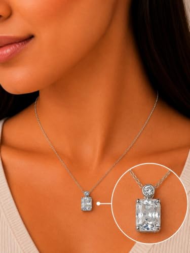 Image of Impression White 925 Sterling Silver Rhodium Necklace for Women | Emerald-Cut Clear AAA Cubic Zirconia Pendant with Round CZ Accent Chain | Anniversary Birthday Jewelry Gift for Girlfriend, Sister, Wife