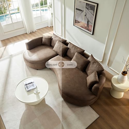 Image of KEIKI 129 inch Curved Oversized Modular Leathaire Sectional Sofa with Left Chaise, 4 Pillows, 3 Back Cushion, Modern Style Comfy 5-Seater Couch, Easy Assembly, for Office, Apartment, Living Room, Brown