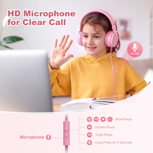 Image of AILIHEN I35 Kids Headphones for School with Mic, 93dB Volume, Rose Pink | Wired On Ear Headphones for Kids Girls, Foldable Lightweight Headphone for Classroom Learning & Entertainment Travel Computer