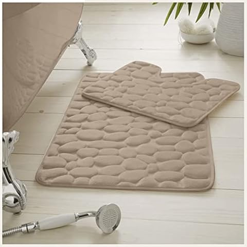 2 Pieces Memory Foam Pebble Bath Mat Rugs for Bathroom - Non Slip - Super Soft - Extra Absorbent - Washable - Bath & Pedestal Bathroom Mats Toilet Shower Set (Cream) Cover
