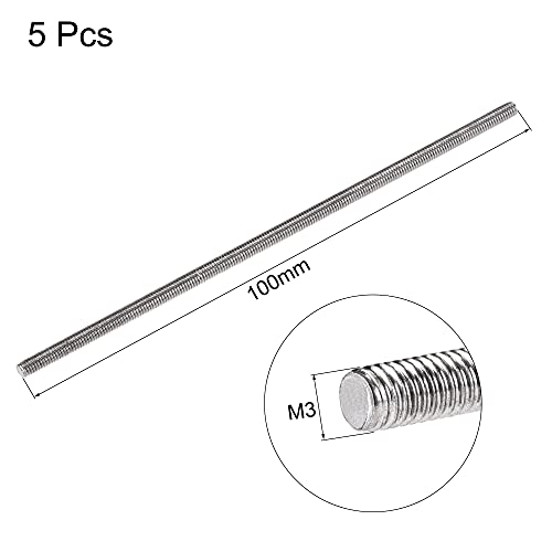 sourcing map 5 Stück M3 x 100mm Vollgewindestange aus 304 Edelstahl Rechtsgewinde