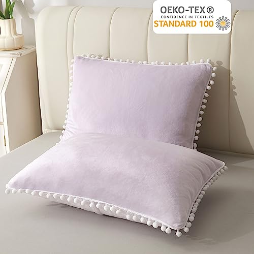 Liferevo BED PILLOW PILLOWCASES Pom Poms Soft Velvet Pillow Cases Set Of 2, Decorative Fringe Fuzzy Throw Pillow Shams, Bed Pillowcases Pillow Covers With Zipper For Kids Girls Teen Women Adults thumb #2