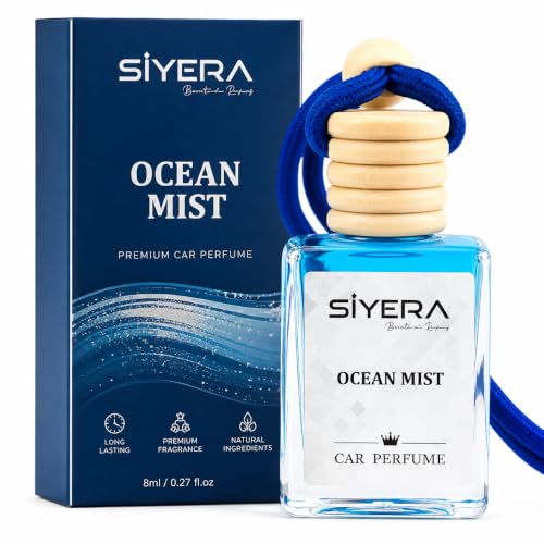 Image of SiYERA Premium Car Perfume Hanging Pod | 10ML | Ocean Mist Fragrance Car Air Freshener | Natural Essential Oils in Glass Bottle with Wooden Diffuser Lid | Lasts Up to 45 Days