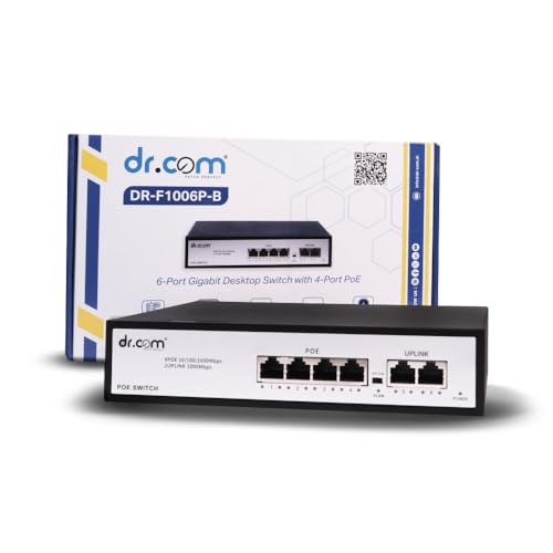 Image of dr.com 6 Port Gigabit PoE Switch with 4 PoE Ports and 2 Uplink Ports 10 /100 /1000 Mbps 65W Power IEEE 802.3af /at for CCTV IP Camera Network Switch Plug and Play Metal Body Black